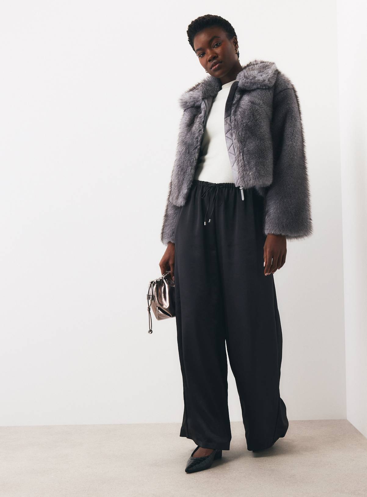 Light Blue Bonded Faux Fur Zip Through Jacket S - Image 3